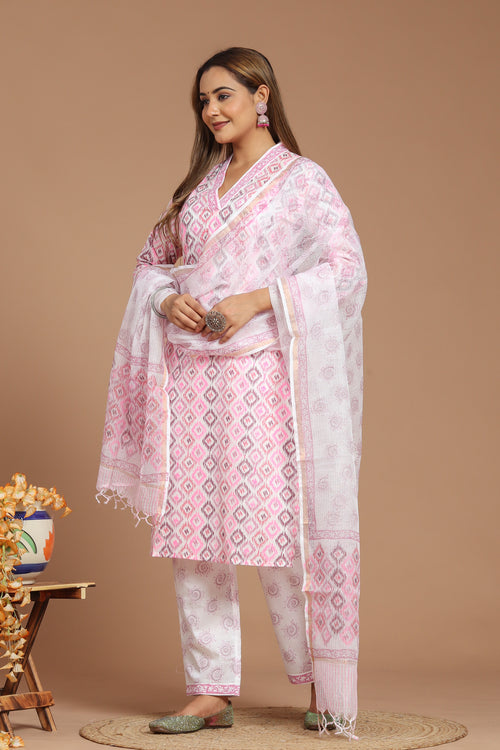 Pink Ikat Kurta Pant Set with Dupatta