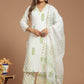 Serene White and Yellow Green Buta Printed Kurta Pant Set With Kota Doria Dupatta
