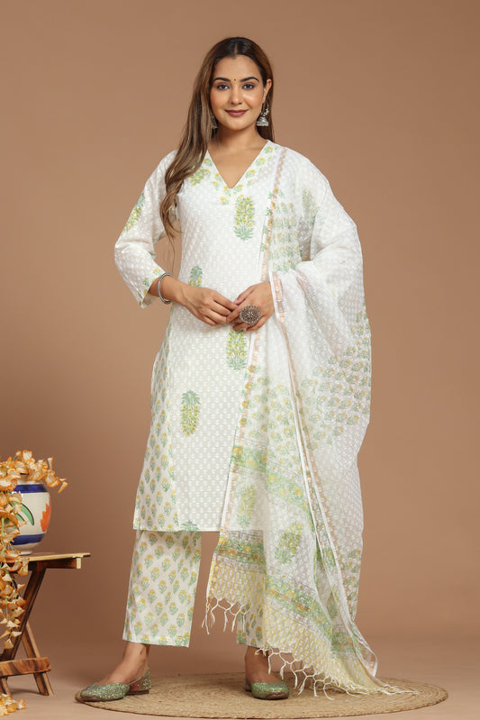 Cotton Printed Kurta Pant Set With Kota Doria Dupatta