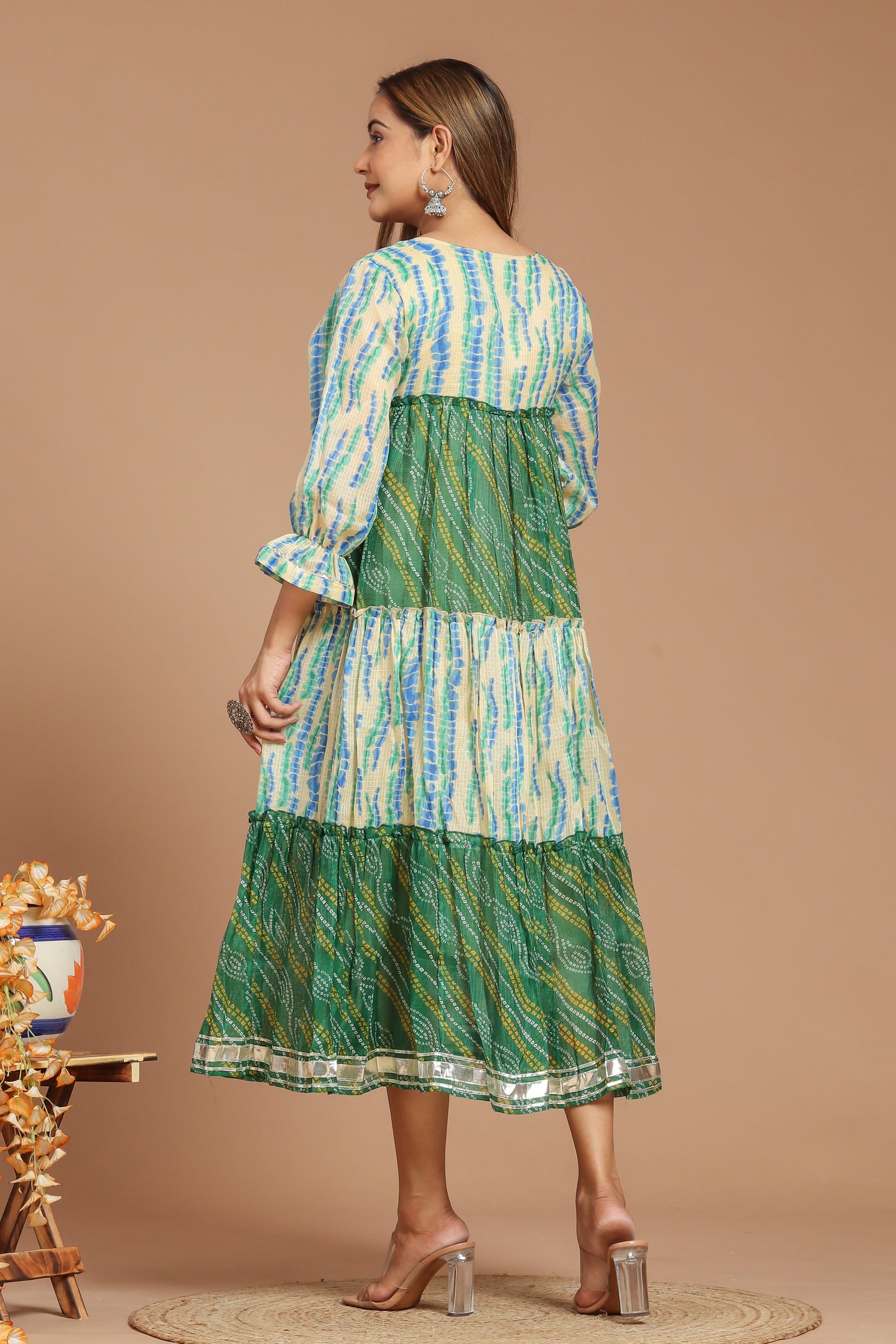 Bandhej Green Kota Doria Dress