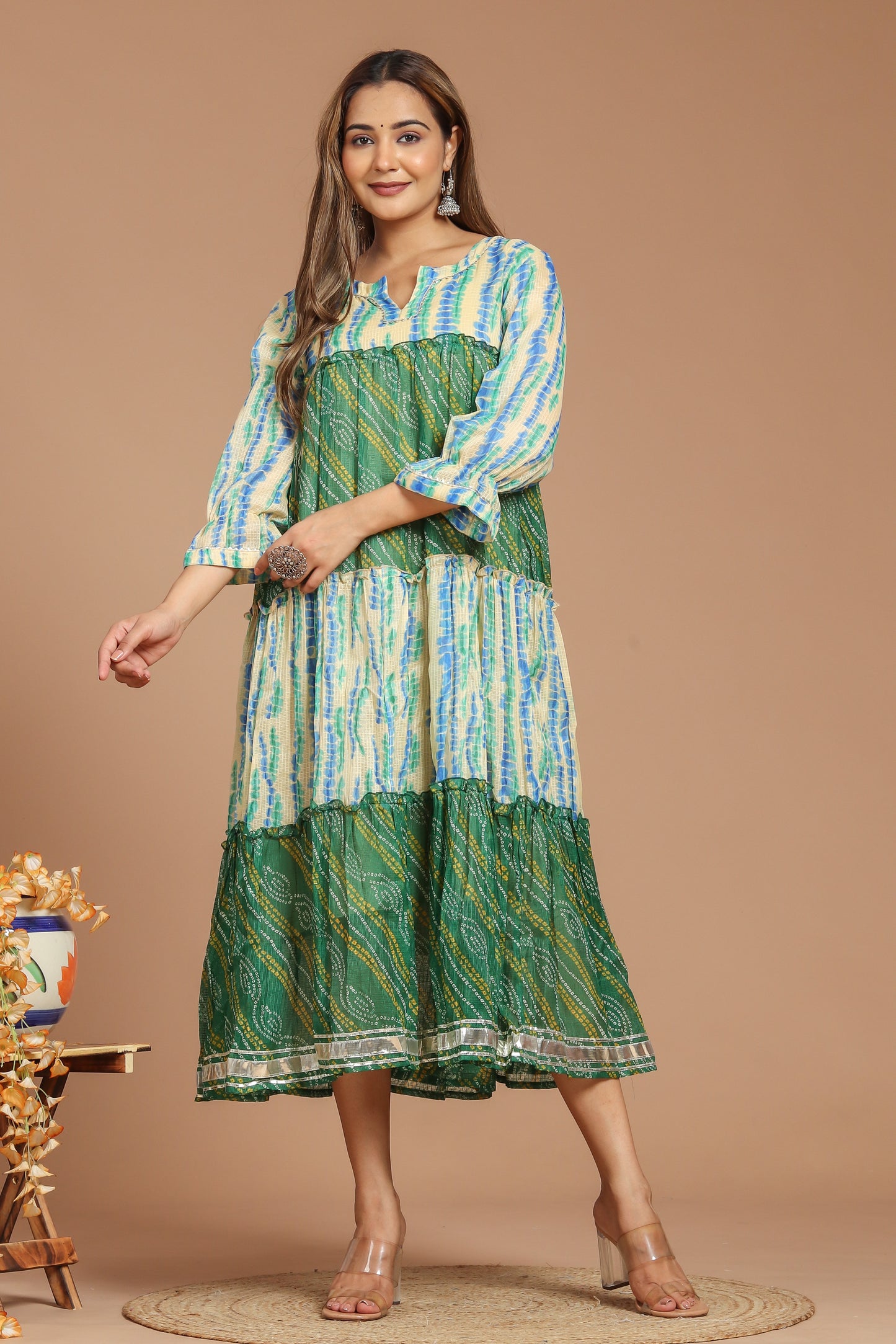 Bandhej Green Kota Doria Dress