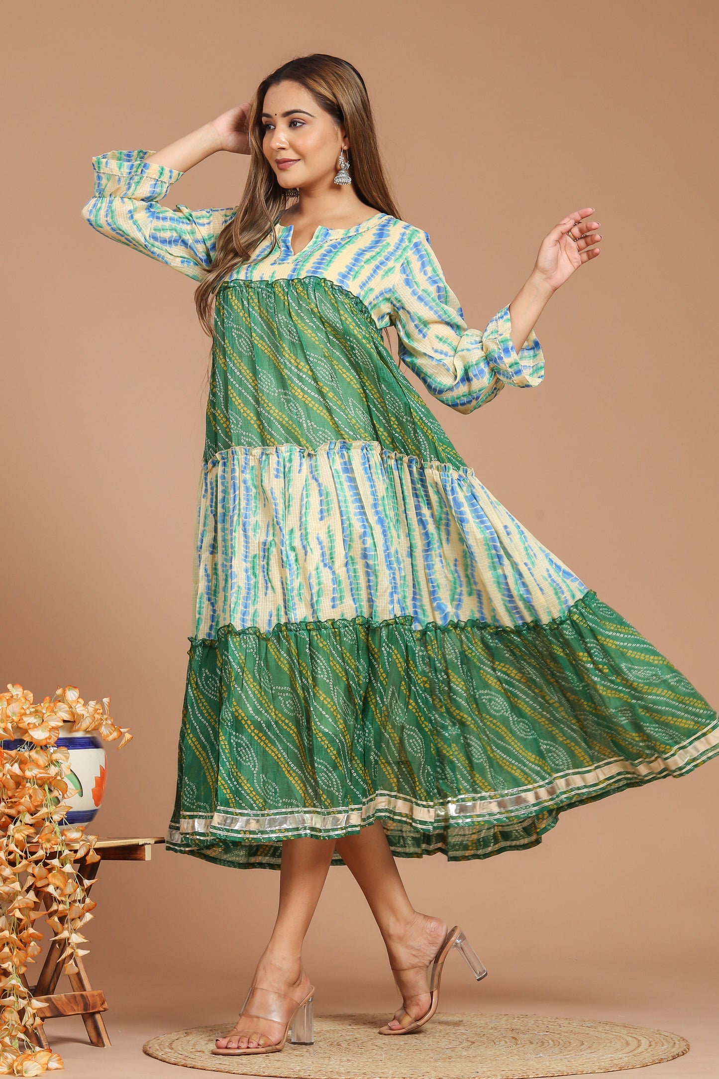 Bandhej Green Kota Doria Dress