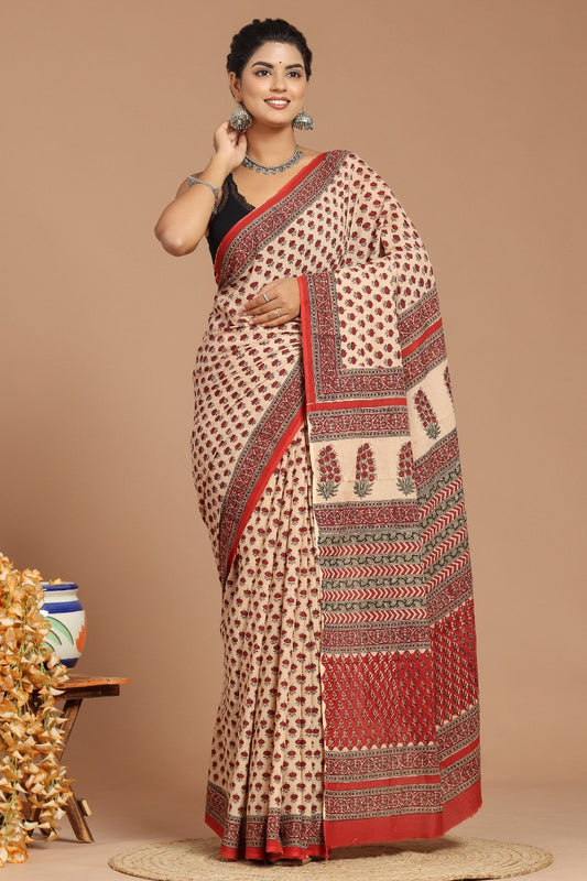 Regal Splendor: Royal Red Print Cotton Voile Saree