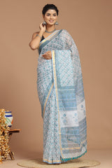 Light Blue Floral Print Kota Doria Saree