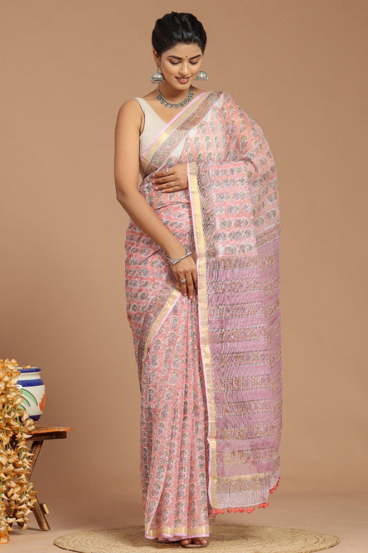 Whispering Romance: Dusty Pink Buta Print Kota Doria Saree