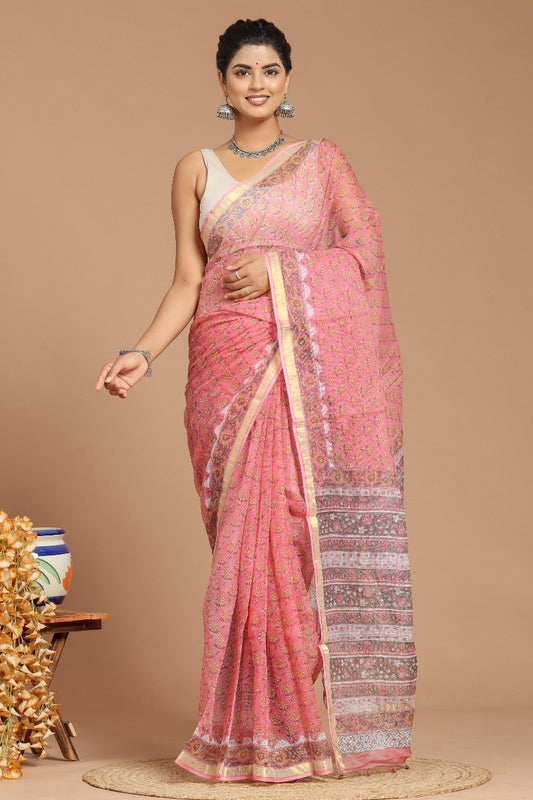 Pink Blossoms: Beautiful Pink Buta Print Kota Doria Saree