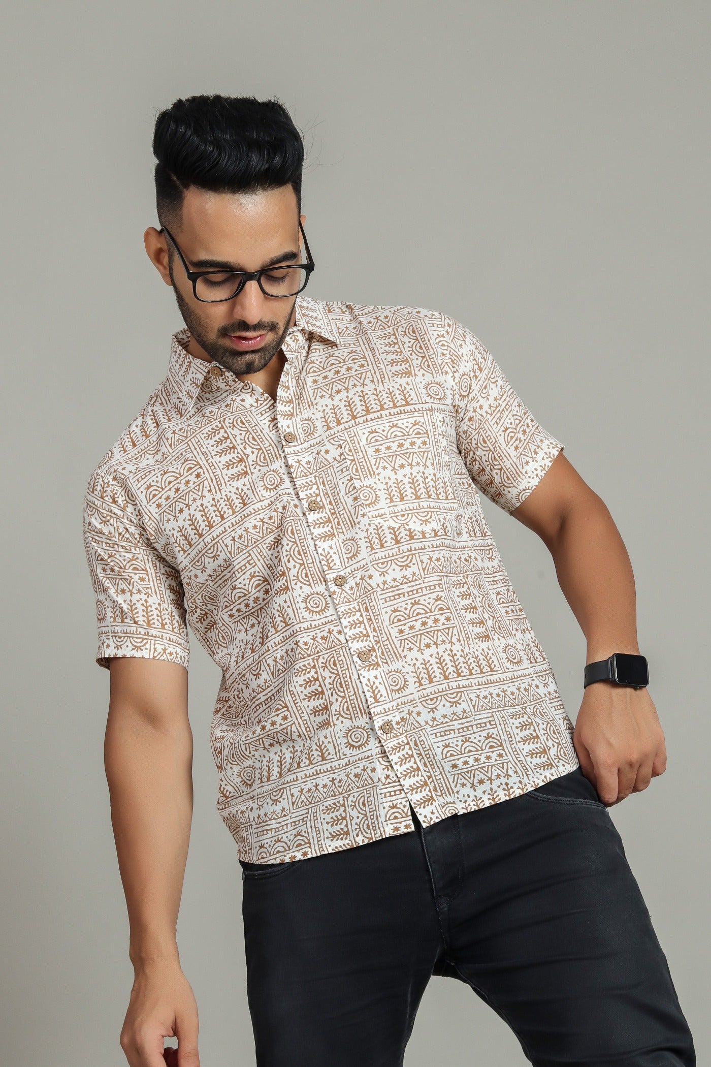 COTTON BLOCK PRINTED HALF SLEEVE SHIRT