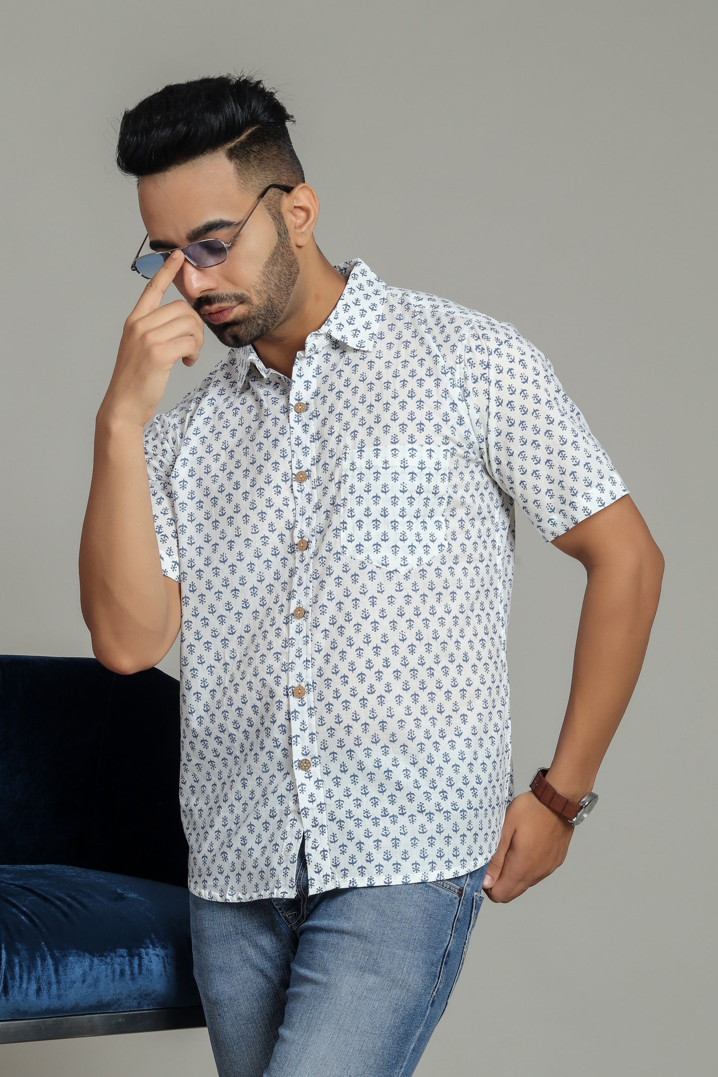 COTTON BLOCK PRINTED HALF SLEEVE SHIRT