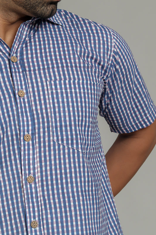 Blue Checks Cotton Block Printed Half Sleeves Shirt