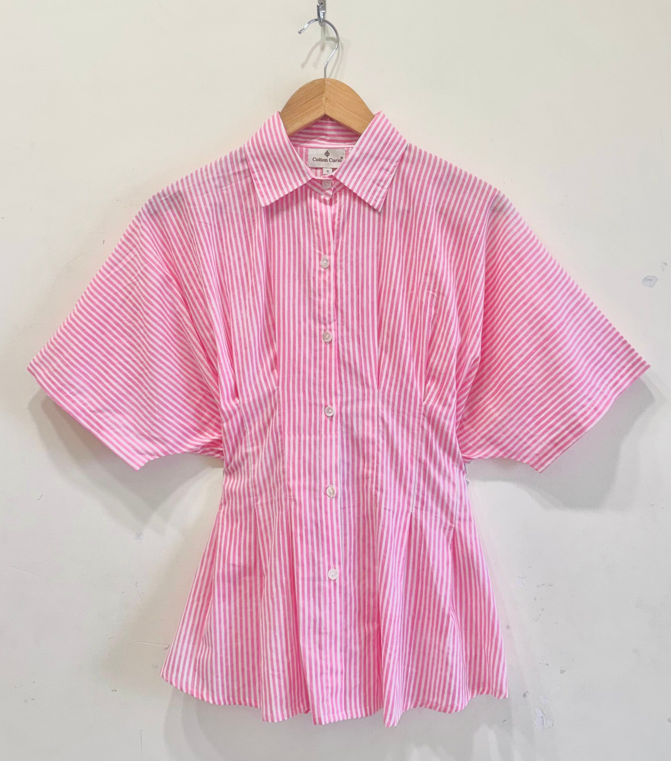 Pink Striped Pleated Cotton Shirt