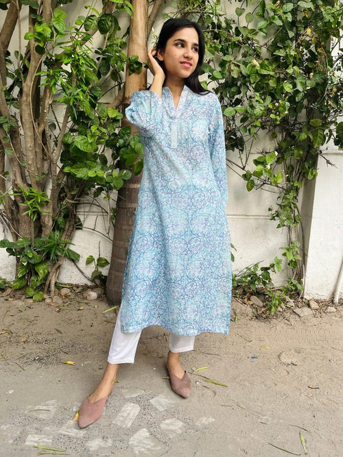 Icy Blue Printed Cotton Silk Kurta