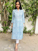 Icy Blue Printed Cotton Silk Kurta
