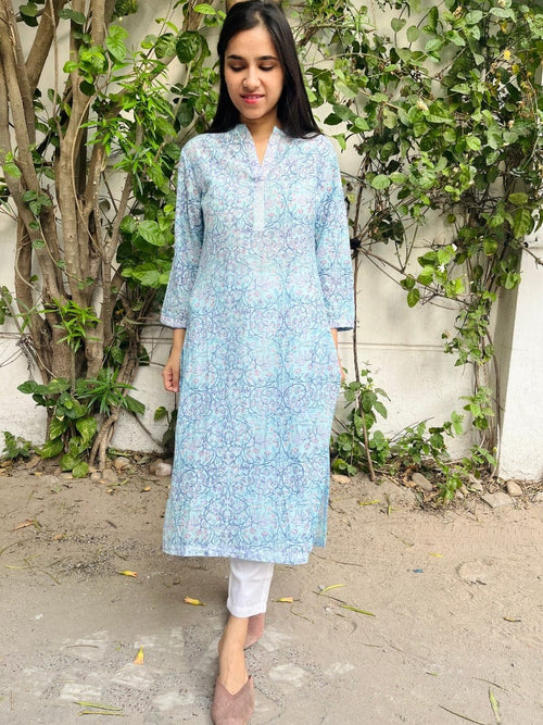 Icy Blue Printed Cotton Silk Kurta