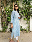Icy Blue Printed Cotton Silk Kurta
