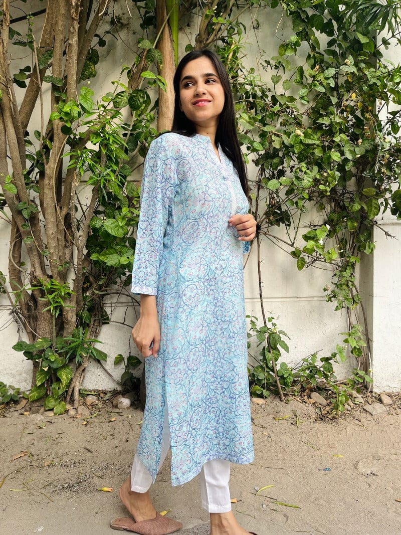 Icy Blue Printed Cotton Silk Kurta