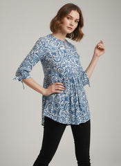Blue Leafy Block Print Cotton Top