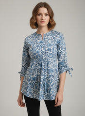 Blue Leafy Block Print Cotton Top