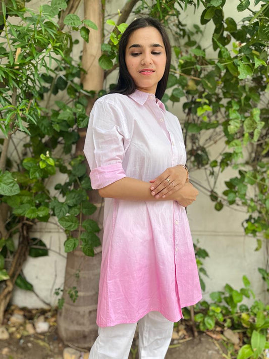 Pink Hues Dip-Dyed Cotton Shirt Dress