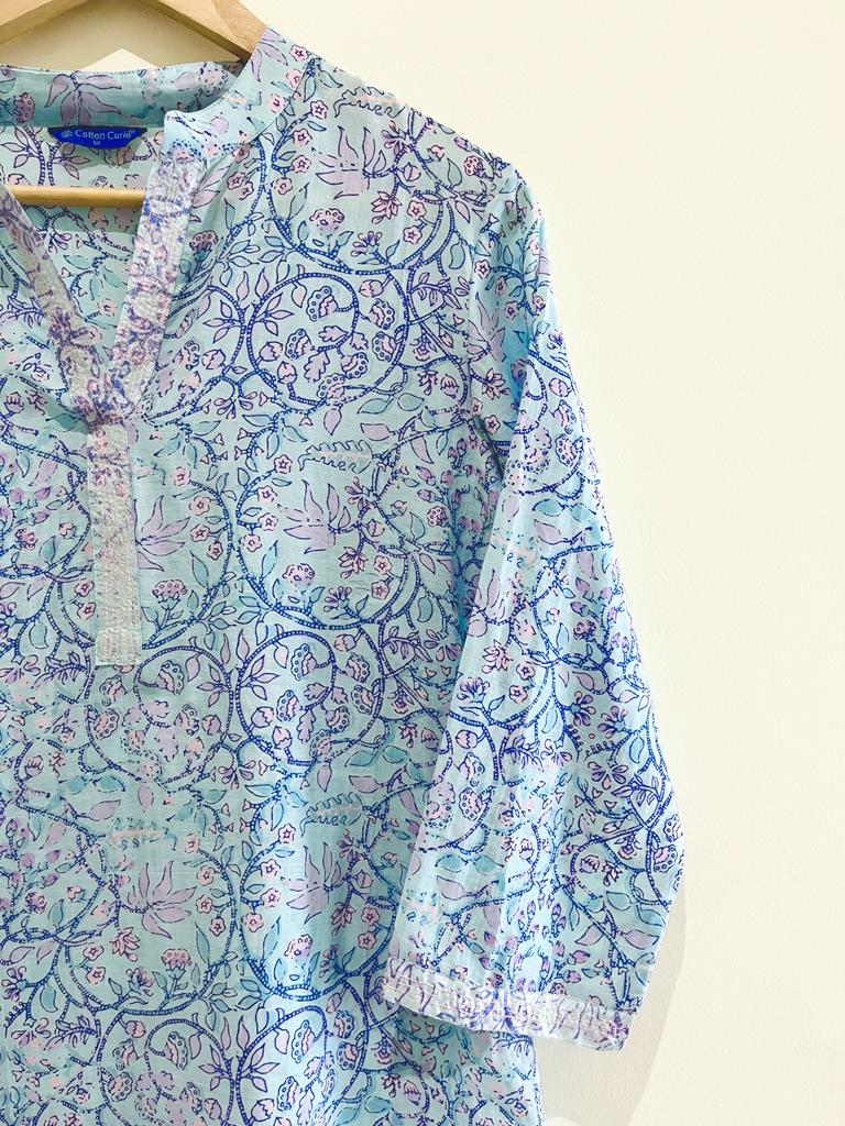 Icy Blue Printed Cotton Silk Kurta