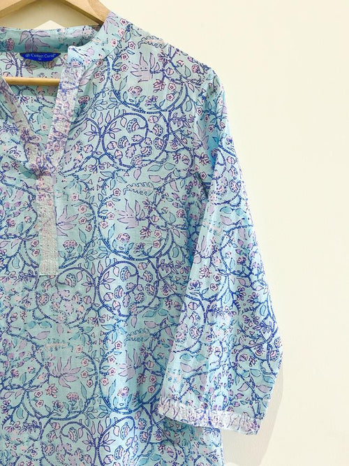 Icy Blue Printed Cotton Silk Kurta