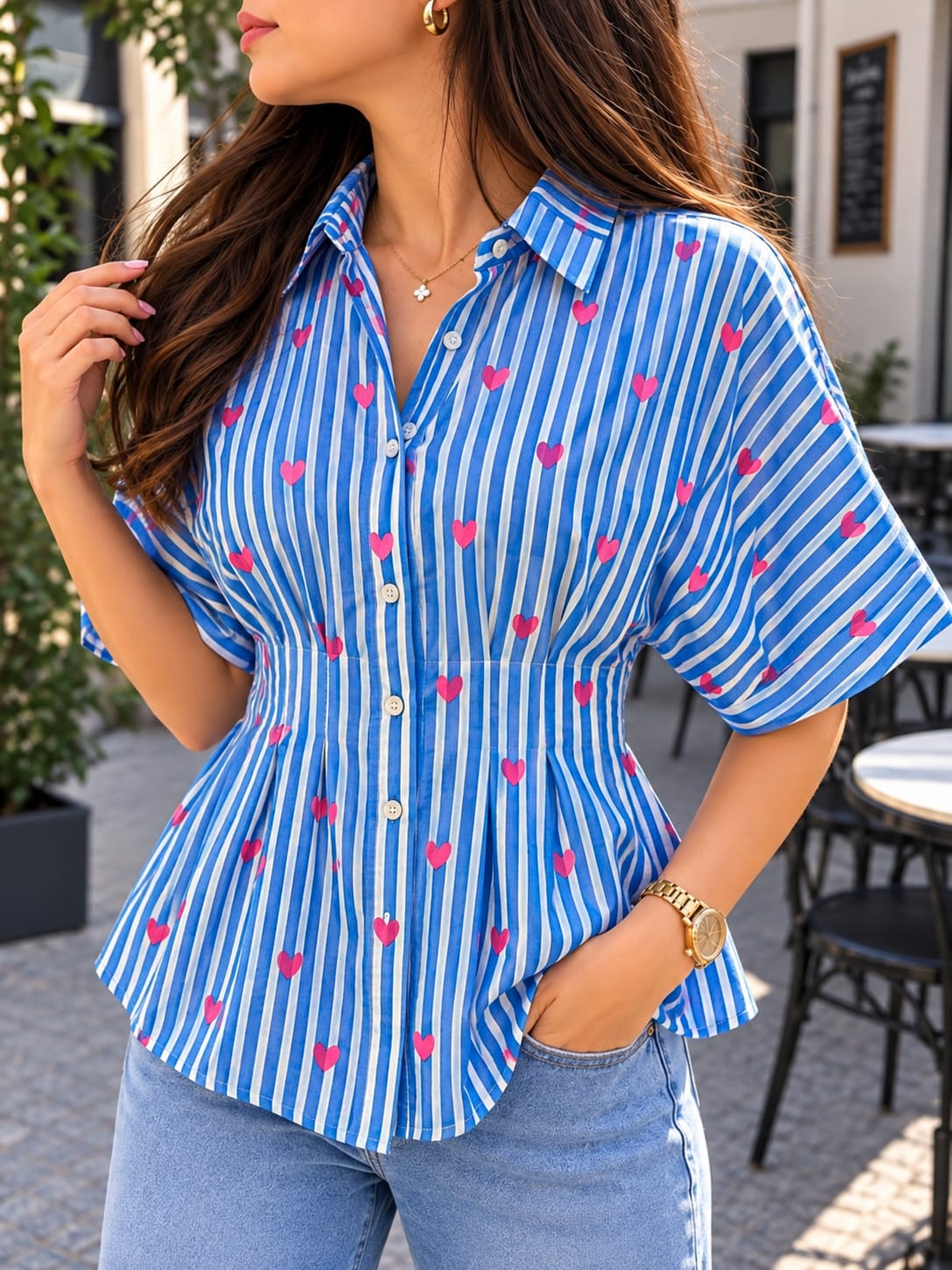 Lovebound Stripes Pleated Cotton Shirt