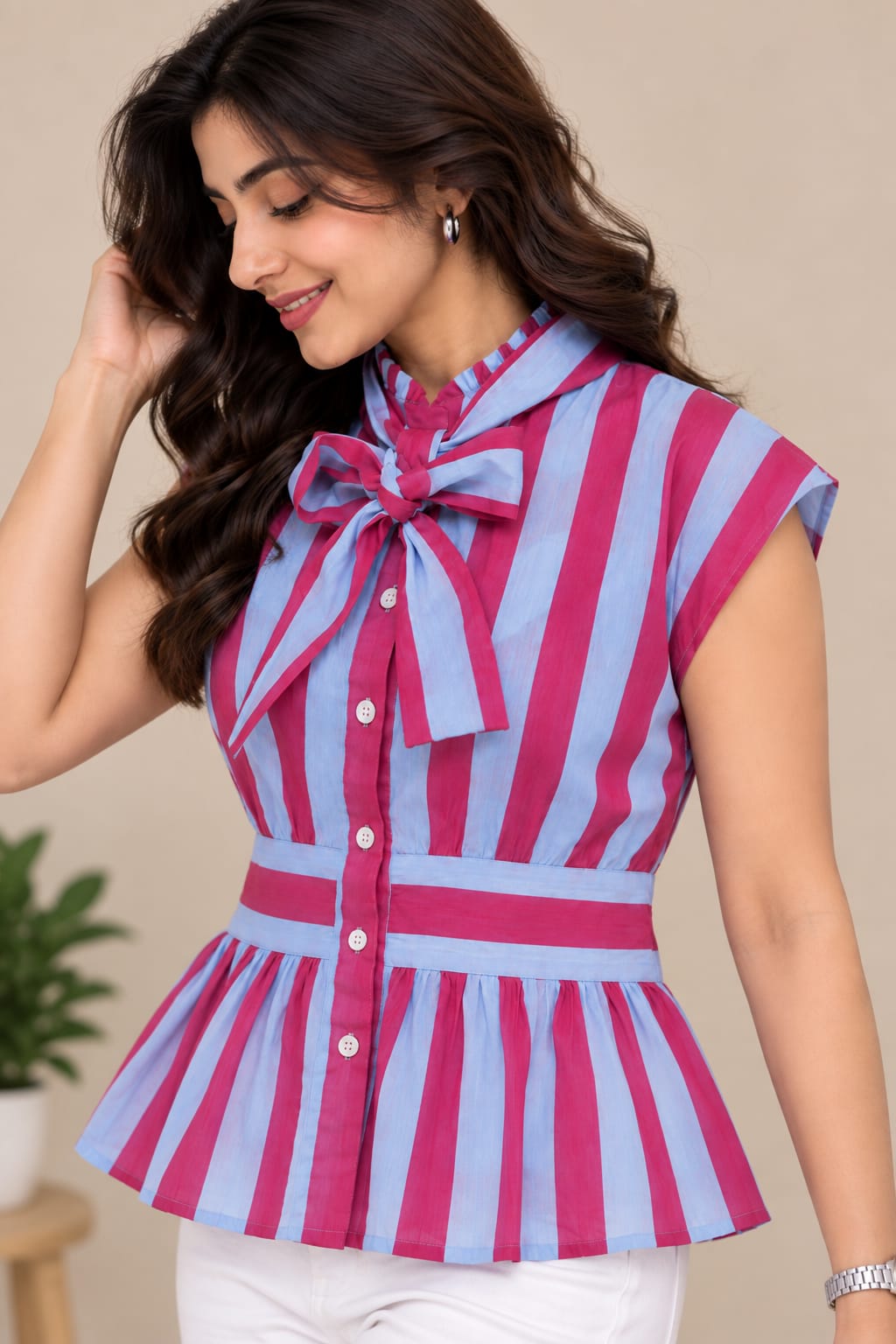 Berry Bloom Stripe Bow-Tie Cotton Top