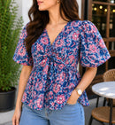 Oceanic Bloom Twist Cotton Short Top