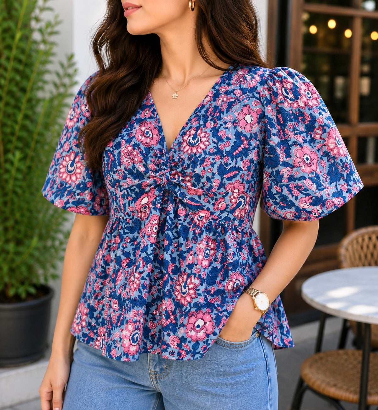 Oceanic Bloom Twist Cotton Short Top