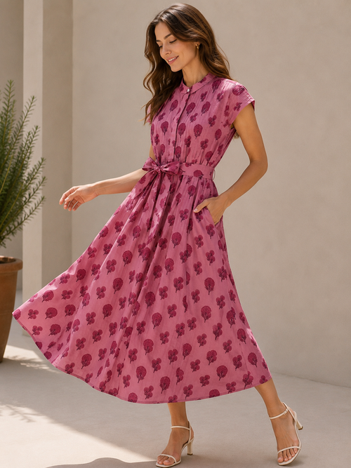 Rosewood Bloom Chanderi Silk Dress