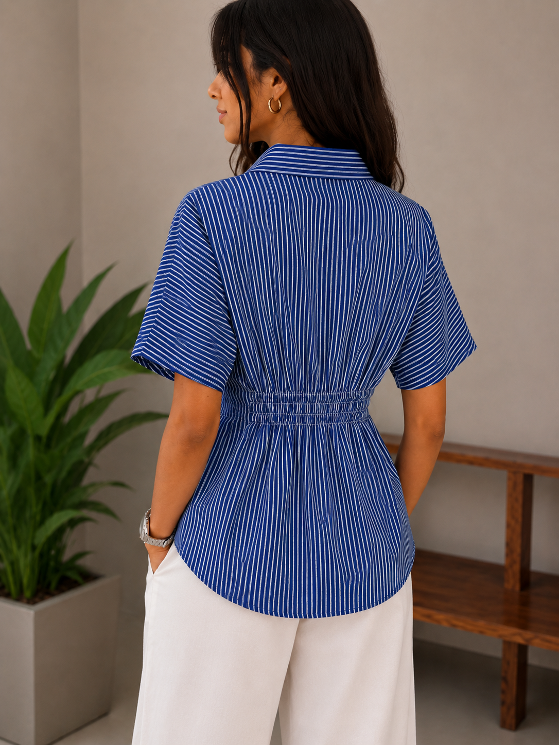 Royal Blue Striped Pleated Cotton Shirt
