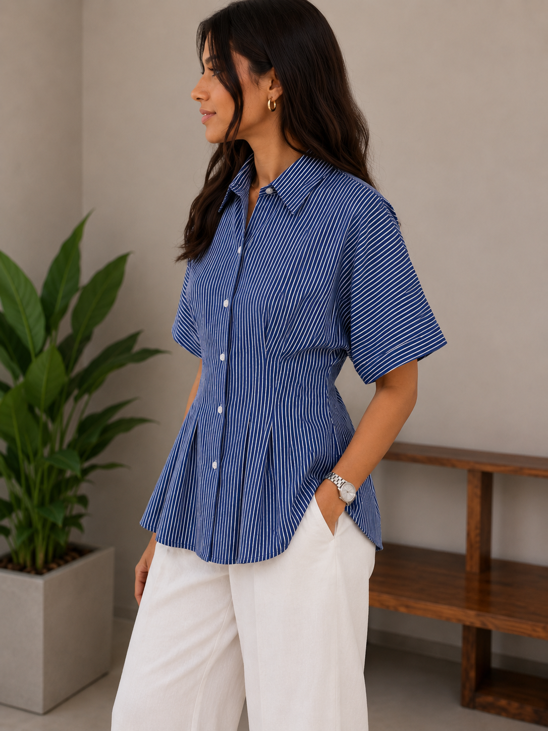 Royal Blue Striped Pleated Cotton Shirt