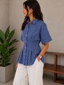Royal Blue Striped Pleated Cotton Shirt