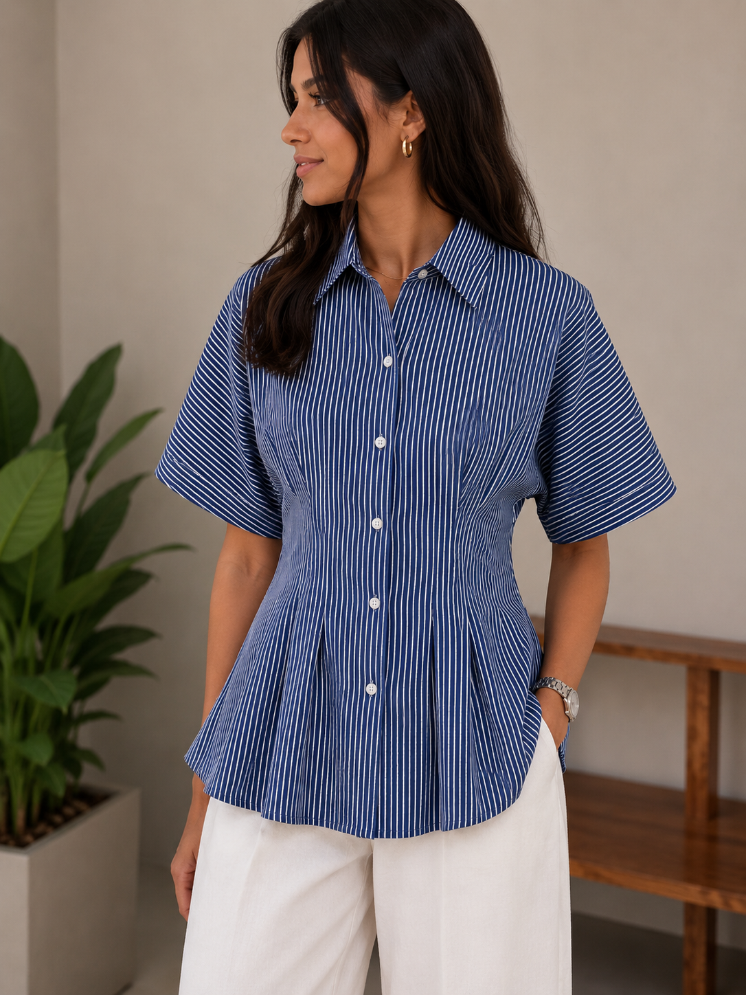 Royal Blue Striped Pleated Cotton Shirt