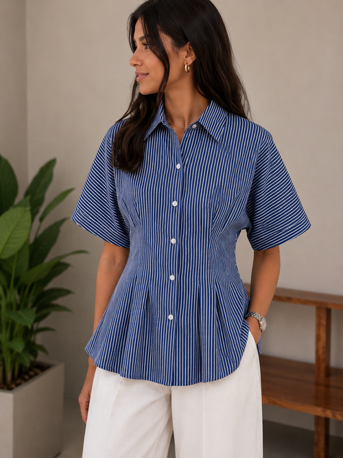 Royal Blue Striped Pleated Cotton Shirt