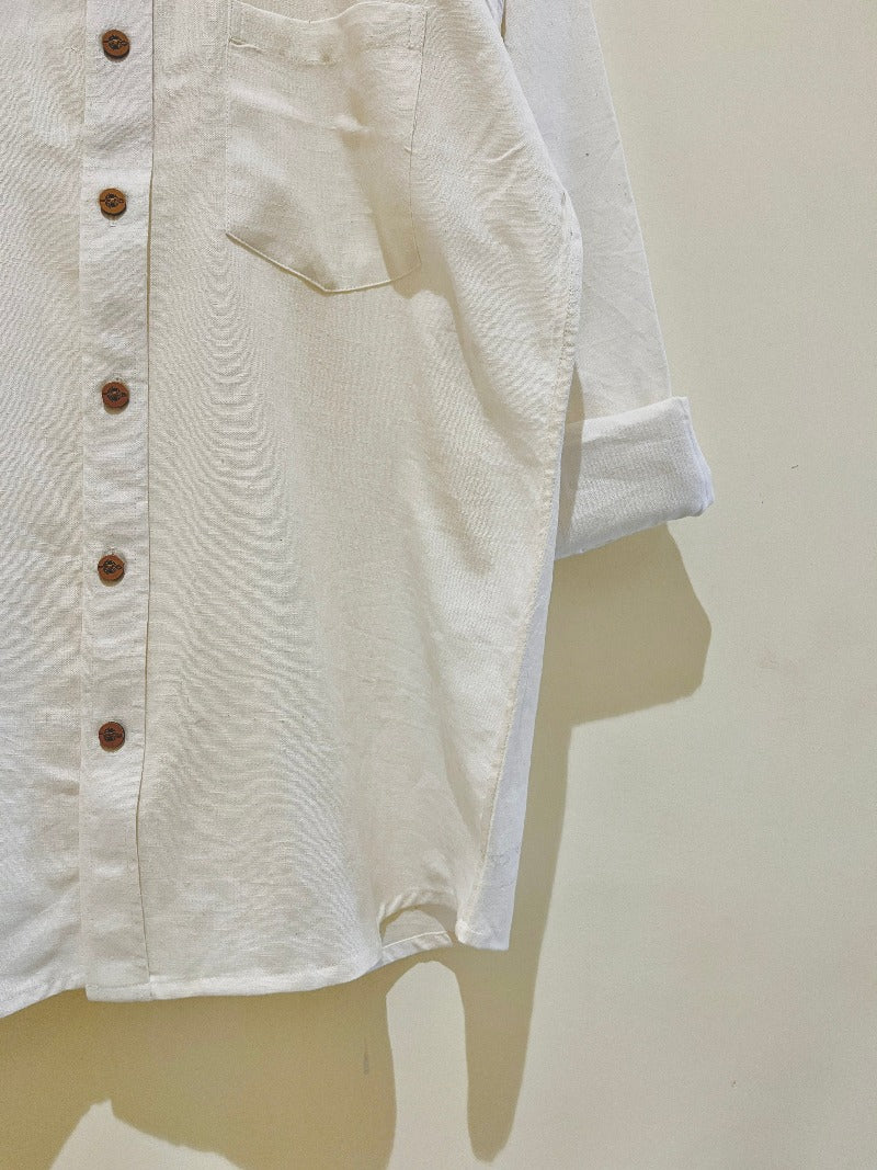 White Cotton Flax Full Sleeve Shirt