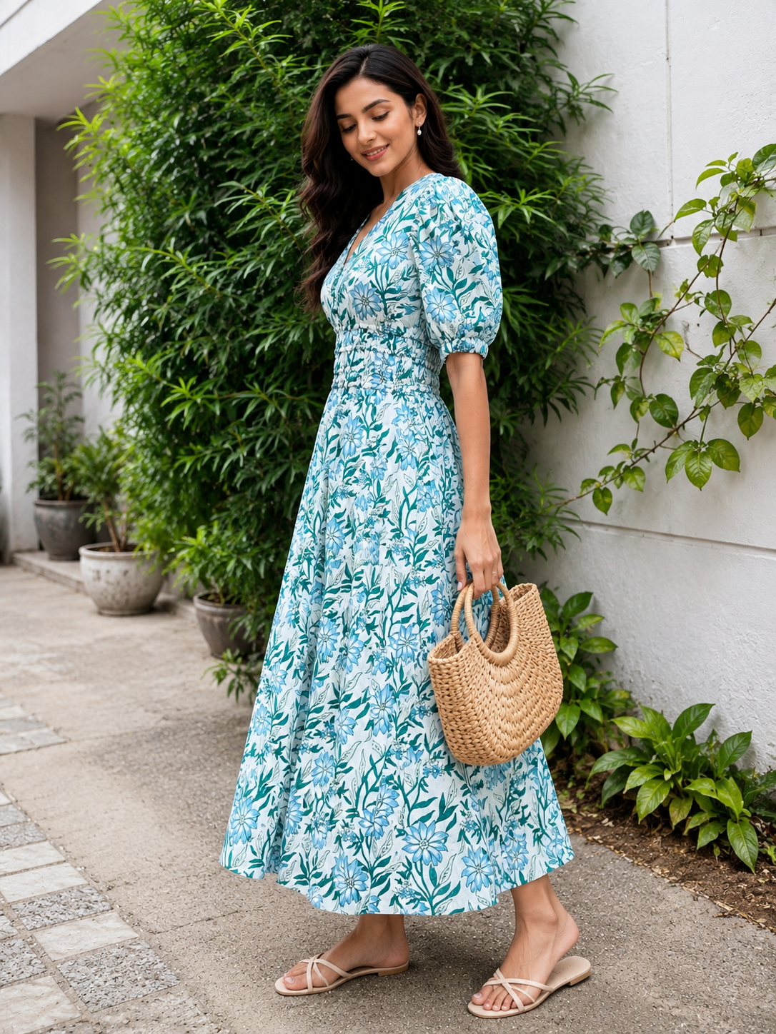 Coastal Flora Cotton Silk Midi Dress