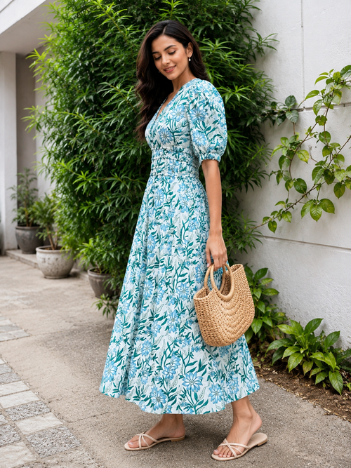 Coastal Flora Cotton Silk Midi Dress