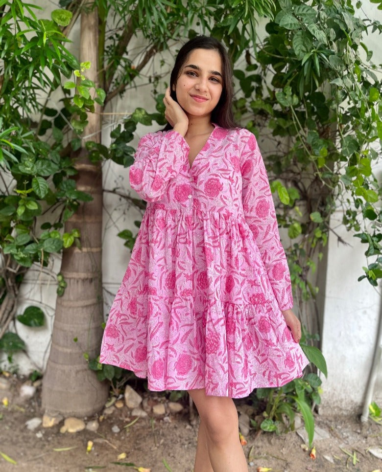 Sweet Pink Tiered Cotton Short Dress
