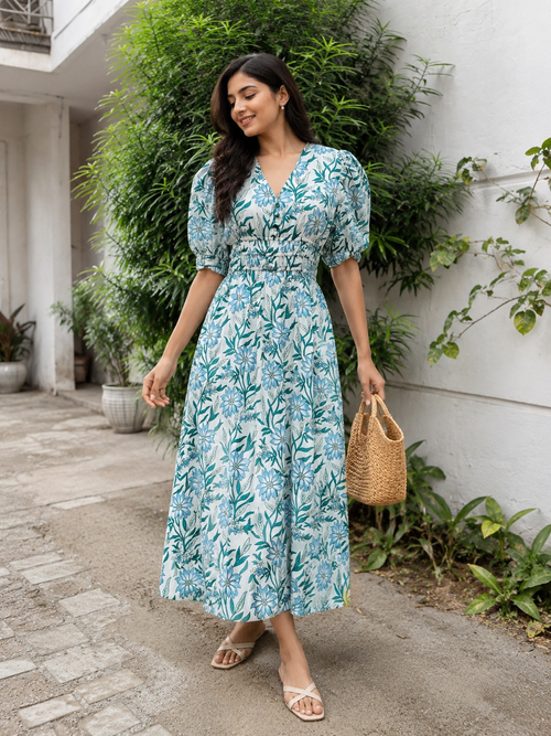 Coastal Flora Cotton Silk Midi Dress