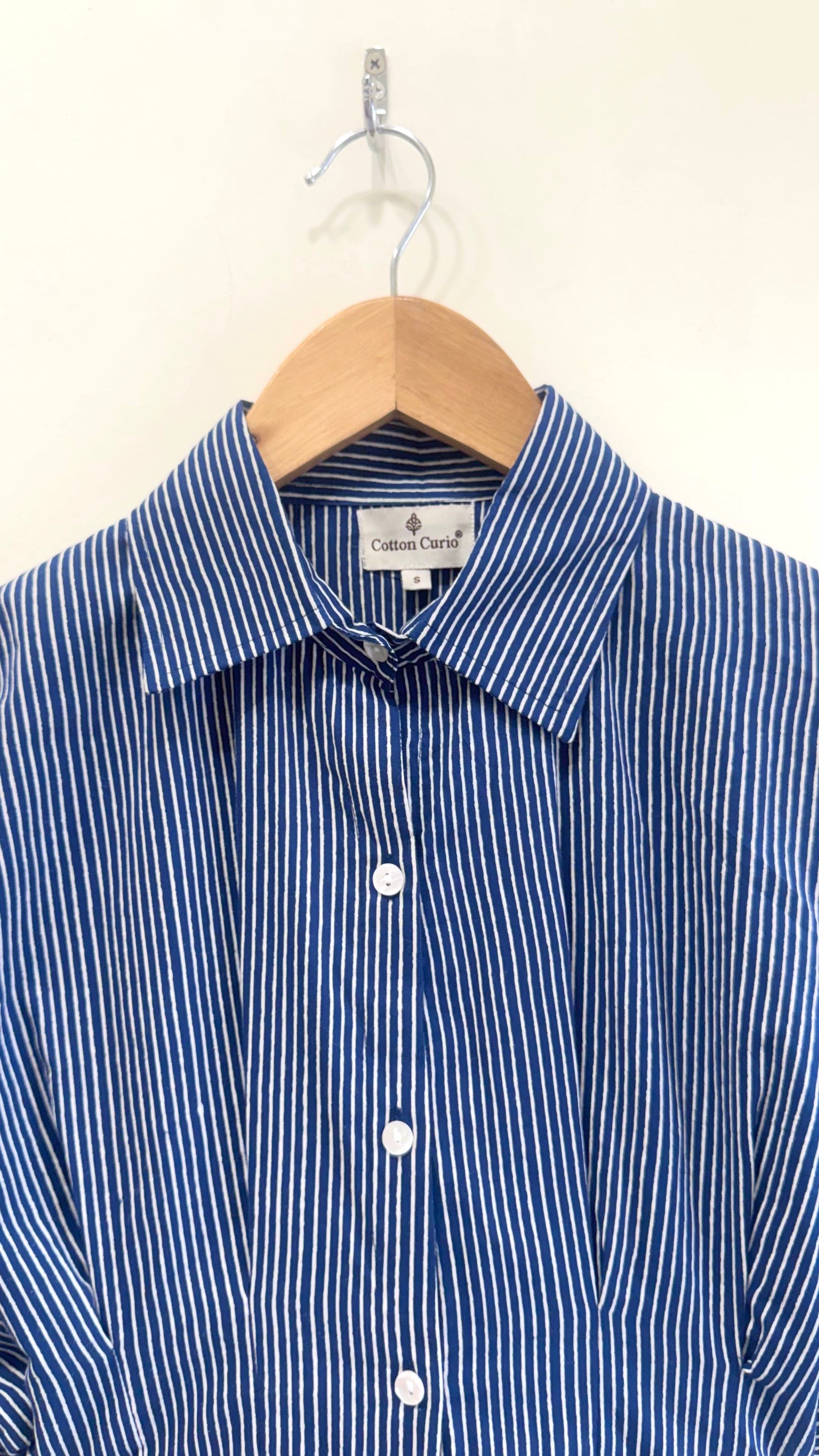 Royal Blue Striped Pleated Cotton Shirt
