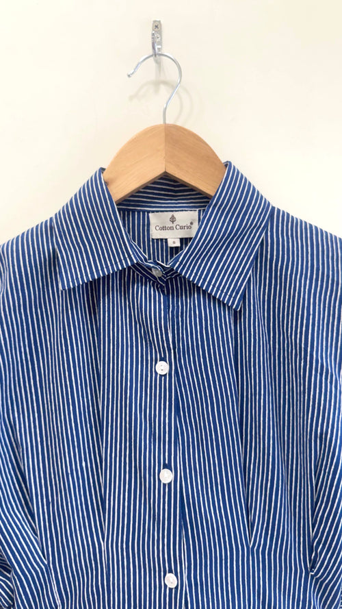 Royal Blue Striped Pleated Cotton Shirt