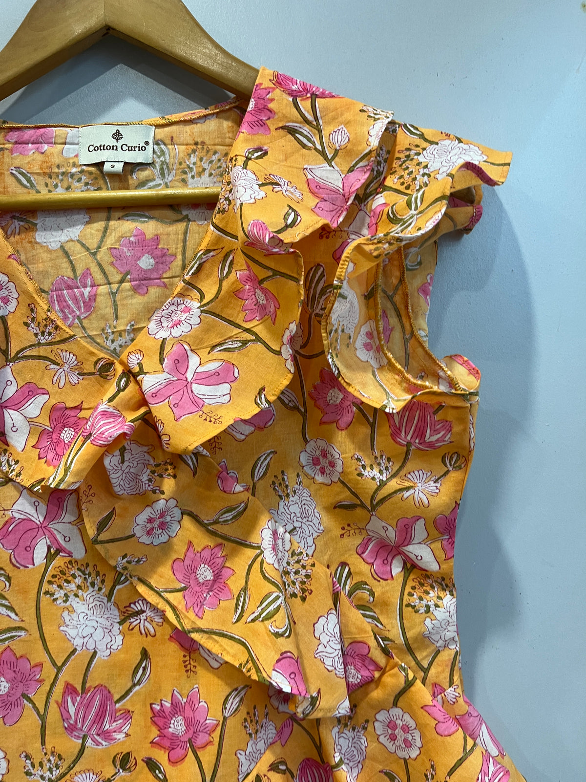 Mustard Floral Ruffle Short Top