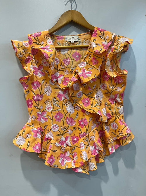 Mustard Floral Ruffle Short Top