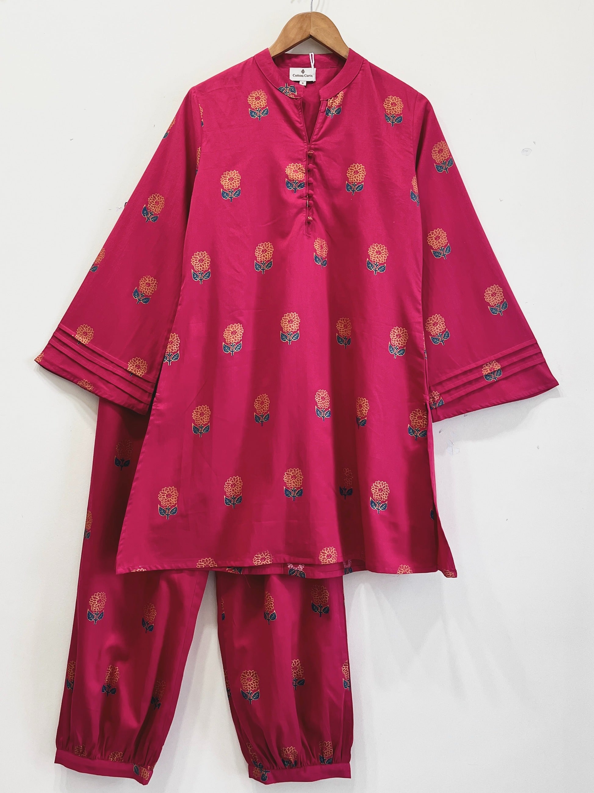 Crimson Bloom Cotton Kurta Set