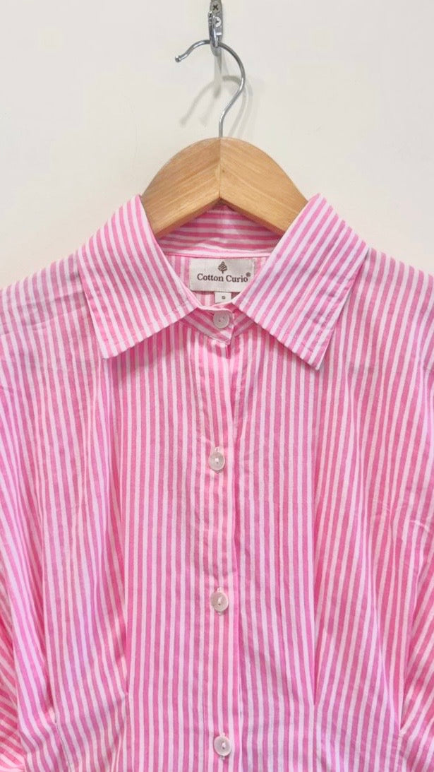 Pink Striped Pleated Cotton Shirt