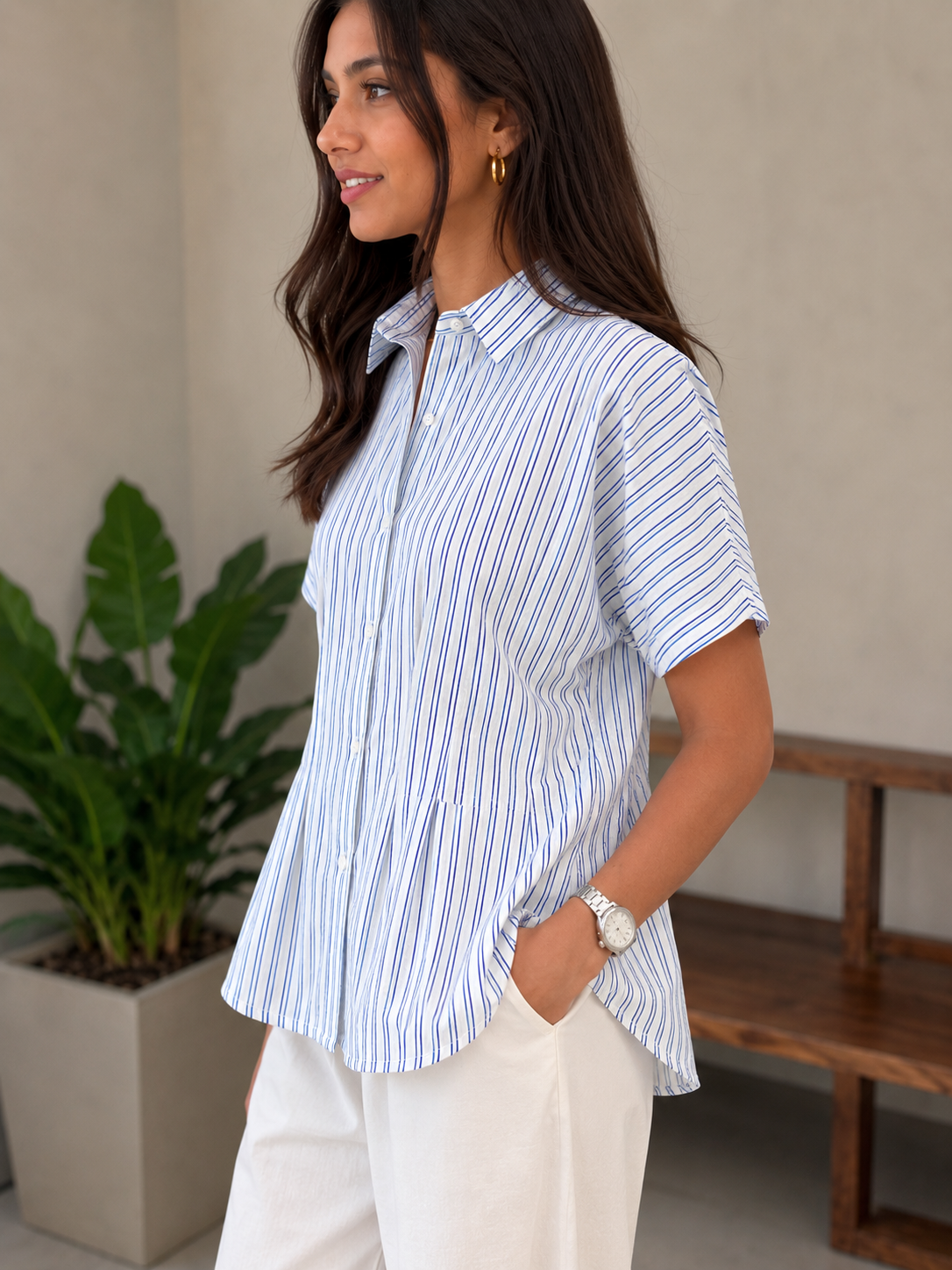 Blue Striped Pleated Cotton Shirt