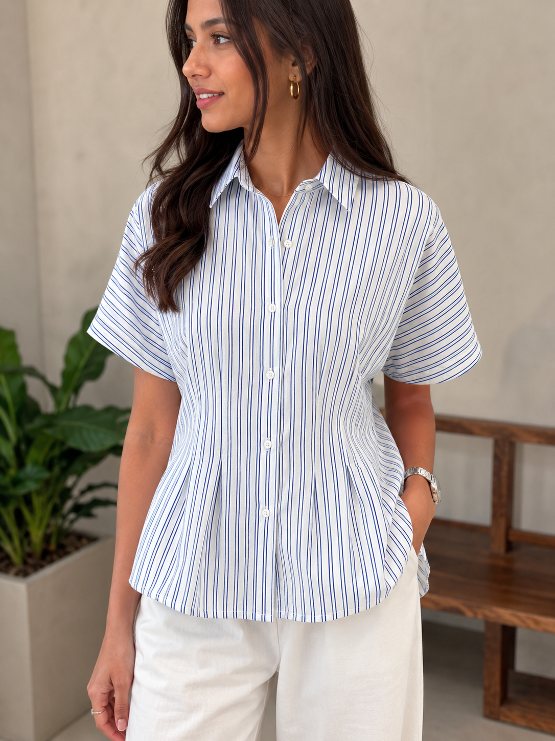 Blue Striped Pleated Cotton Shirt