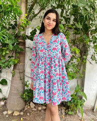Floral Blue Cotton Short Dress