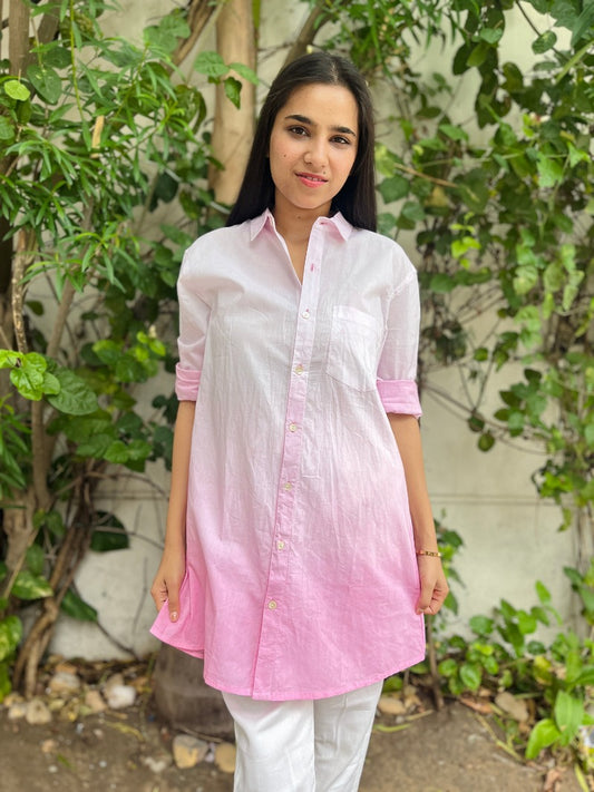 Pink Hues Dip-Dyed Cotton Shirt Dress