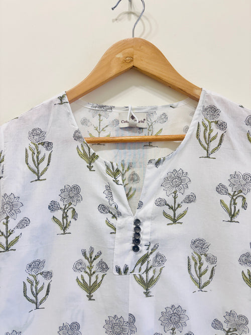 Grey Bloom Cotton Short Kurti